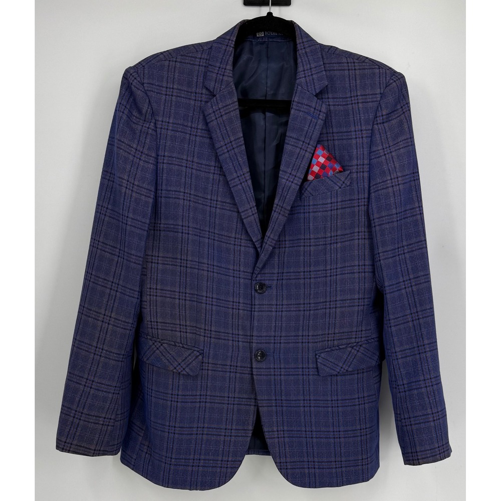 Royal Tag Mens Blue Plaid Wool Blend Two Button Blazer Jacket Turkey Style‎ 48